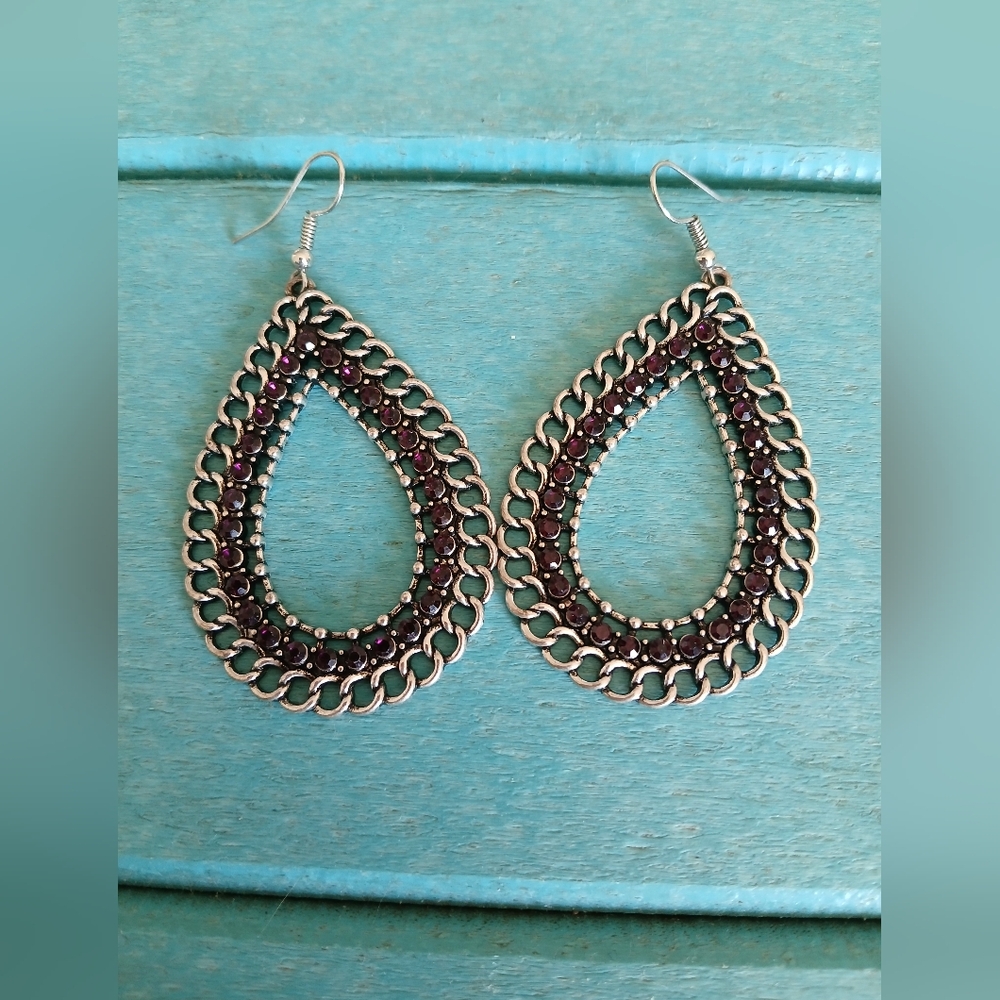 Silver and Purple Chainmail Teardrop Earrings